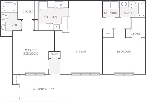 Floor plan for 2 beds, 2 baths, 1227 sqft